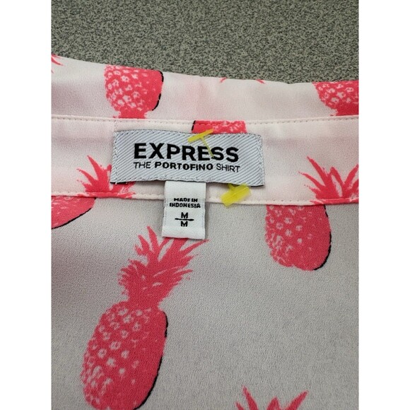 Express Women’s M  White w/ Hot  Pink Pineapples V Neck Roll Tab Button Up Shirt - Picture 3 of 8